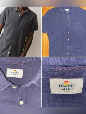 Marine Layer $118 Stretch Selvage Indigo Short Sleeve Mens Shirt MEDIUM
